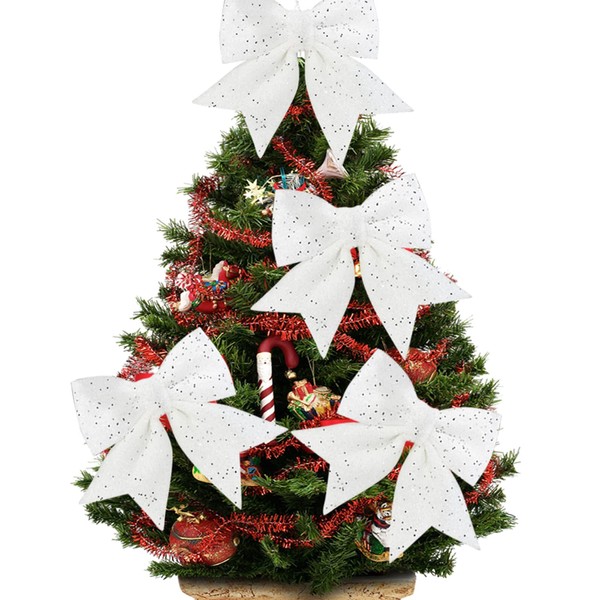 Skystuff 4Pcs Christmas Bows for Tree, White Bows Christmas Bows