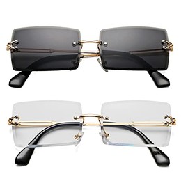 Rectangle Sunglasses for Men/Women Small Rimless Square Shade Eyewear (Clear + Black)