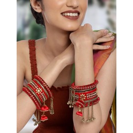 Aheli Wedding Party Designer Velvet Faux Stone Studded Bridal Bangle Set Chuda with Hangings Indian Traditional Ethnic Fashion Jewelry for Women