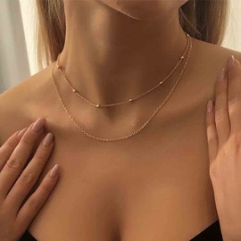 Yheakne Boho Layered Satellite Choker Necklace Gold Ball Chain Necklace Short Collar Necklace Vintage Double Layer Necklace Jewelry for Women and Girls Gifts (Gold)