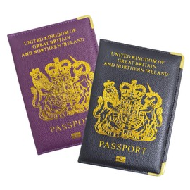 RuiChy 2 Pcs Passport Holder, Portable UK Passport Cover for Women Men Kids, PU Leather Travel Wallet Case Organiser for Passport Business Cards Credit Cards Boarding Passes (Black & Purple)