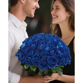 LFF 50 Pcs Blue Fake Roses, Roses Artificial Flowers with 20" Stems, Velvet Roses Bouquet for Wedding, DIY Arrangements, Party Centerpiece, Valentine's Day, Romantic Home Decor(Blue)