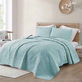 Exclusivo Mezcla Twin Quilt Bedding Set, Lightweight Soft Bedspreads Coverlets with 1 Pillow Sham, Modern Aqua Blue Quilts Twin XL Size for All Seasons