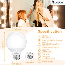 hansang G25 LED Globe Light Bulbs, Bathroom Vanity Light Bulbs E26 Base Warm White 2700K for Bedroom Makeup Mirror Lights, 60W Equivalent(5W), 500LM Non-dimmable,4Pack