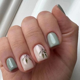 24Pcs Short Square False Nails Glossy French Tips Press on Nails Green Fake Nails with Elegant Leaves Designs Reusable Artificial Stick on Nails for Women Girls Nail Art Accessories