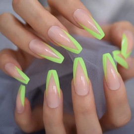 EDA LUXURY BEAUTY NEON NUDE GREEN V FRENCH LUXE DESIGN Full Cover Press On Nails Acrylic Nail Kit Artificial Gel Nail Tips...
