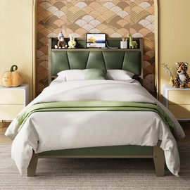 LIKIMIO Twin XL Bed Frame, Storage Headboard with Charging Station, Solid and Stable, Noise Free, No Box Spring Needed, Easy Assembly (Dark Green)