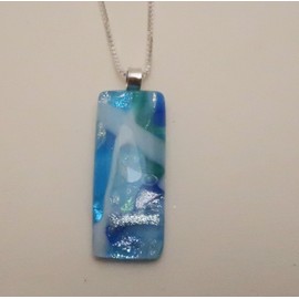 Long Ocean Sea Scape Aqua Sparkly Glass Pendant Sterling Silver Chain Necklace