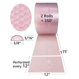 UBMOVE Anti-Static Bubble Roll, 12" x 350' Small 3/16", Perforated Pink Antistatic Cushioning Wrap, For Packaging Boxes & Mailers, Moving & Shipping Supplies For Business & Personal Applications