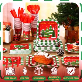Suttmin 350 Pcs Paper Plates and Napkins Set Disposable Paper Plates Party Supplies Tableware Set Dinnerware Serve 50 Guest Plates and Napkins Cups Knife Forks Spoon (Red,Merry Christmas)