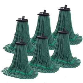 Matthew Large Heavy Duty Mop Head Commercial Replacement for General and Floor Cleaning, Screw-on Wet Industrial Cotton Looped End String Head Refill (Green 6Pack) w/Built-in Flexible Bristle Brush
