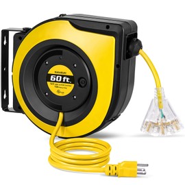 SURAIELEC 12 Gauge Extension Cord Reel, 60 FT Retractable Extension Cord, 12 AWG/3C SJTOW Heavy Duty Power Cord, 15 AMP Circuit Breaker, Lighted Triple Tap, Ceiling or Wall Mount, UL Listed