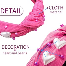 Doneace Valentines Day Rhinestone Headband for Women Girls, White Heart Love Knotted Hairband Cute Fashion Pink Pearl Jeweled Wide Top Knot Headbands for Valentine Party Dating Hair Bandanas Headdress