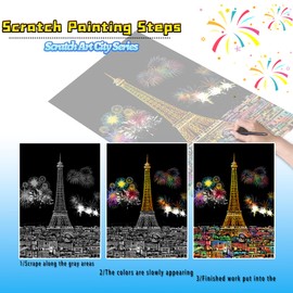 SiYear Scratch Art Painting Paper Set for Adults Kids Landmark City Series Night Scene Scratch Board Creative Gift DIY Foil Engraving Crafts with 4 Tools (City Series, A4