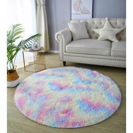 linyingdian Rug Long Pile Soft Velvet Tie Dye Floor, Round Rug for Living Room, Children's Room, Bedroom and Kitchen (Rainbow Colours, 120 x 120 cm)