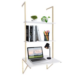 DDBESSIC Wall Mounted Desk, Gold Ladder Desk Wall Mounted Shelf 3 Tier Standing Desks for Small Space Mounted Desk Home Office Table Bedroom Writing Study Work Modern