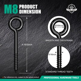 Prowin Heavy Duty Black Screw Eye Hooks, 4PCS M8 4.59 Inch Self Tapping Eyelet Bolts, Strong Eye Screws for Wood, Cables & Wire Securing, Indoor & Outdoor Heavy Duty Use