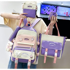 TABANA 5Pcs Kawaii Anime Canvas School Backpack Combo Set with Pins Cute Bear Pendant Aesthetic Daypack Laptop School Essential Kit (Purple)