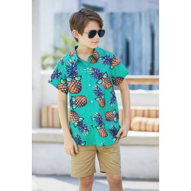 9T 10T Little Boy Green Pineapples Sunglass Hawaiian Print Dress Shirts Fancy Button-down Short Sleeves Polo Tee Shirt at School Camp Play Casual Lounging Wear Swimming Pool Outfits for Kids Children