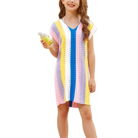CHILDRENSTAR Knit Swimwear Coverups For Girls Blue Color Block Beach Dress Swimming Covers Wraps,Size 6 7