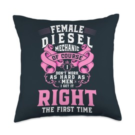 Funny Mechanic Gifts for Men and Women Female Diesel Mechanic Throw Pillow, 18x18, Multicolor