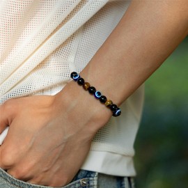ALRNBY Evil Eye Bracelets for Men Beaded Bracelet Wooden Turquoise Tiger's Eye Bracelet for Men White Stone Trendy Elastic Bracelets Jewelry Gift (Black)