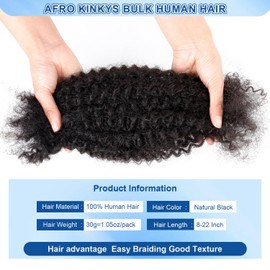 Afro Kinkys Bulk Human Hair For Dreadlock Extensions Create Repair Braid Micro Twist Afro Kinky Curly Human Hair Bundles Bulks Locs Extensions 8 Inch 2 Packs 60g 1B Natural Black Soft Bouncy Fluffy