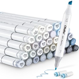 Ohuhu Alcohol Markers, Grey Clay Double Tip Alcohol Base Art Marker Set for Artists Adults Painting Shading 36 Grayscale Colors with 1 Blender, Chisel and Fine - Oahu Series