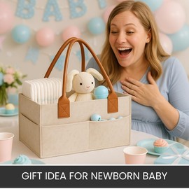 PRIMERA COLLECTIONS - Felt Diaper Caddy, Organizer Bag with leather handles – Nursery Storage Bin for Diapers, Wipes, and Baby Essentials, Portable, Baby Gift for Newborns, Color: Outmeal