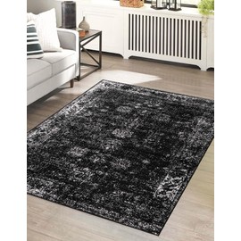 Unique Loom Sofia Collection Area Rug & Pad - Casino Bundle (7' 1" x 10' Rectangle Black/Ivory)