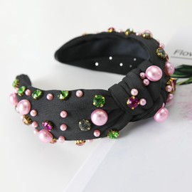 Gmmidea Pearl Women’s Knotted Headband Colorful Rhinestone Crystal Jeweled Headband Beaded Wide Top Knot Headband Sparkly Fancy Decorative Headband for Ladies Girls Black-1