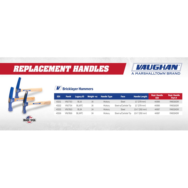VAUGHAN Brick Layers Hammer, 16 oz Steel Masonry Hammer, Made