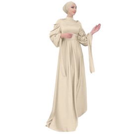 OBEEII Women Muslim Abaya Long Sleeve Satin Maxi Dress One-Piece Loose Full Cover Islamic Robe Kaftan Abayas Beige+Hijab Large