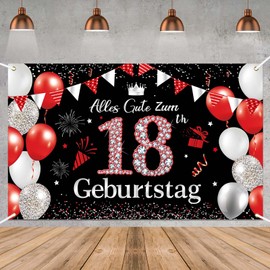 Decoration 18th Birthday Banner Girl Boy, 18th Birthday Decoration, Happy Birthday Banner 18th Birthday, Long Size Red Black 18th Birthday Party Decoration for Women and Men, 180 × 110 cm