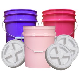 House Naturals 5 Gallon Food Grade, BPA Free, Made in USA, Plastic Bucket, 3 Colors, (Pack of 3) (5G-Pink-Magenta-Purple HN White lids)