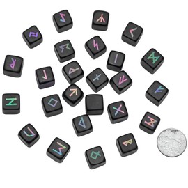mookaitedecor Set of 25 Black Obsidian Crystal Rune Stones with Titanium Engraved Elder Futhark Alphabet Symbol for Meditation Divination Reiki Crystal Healing