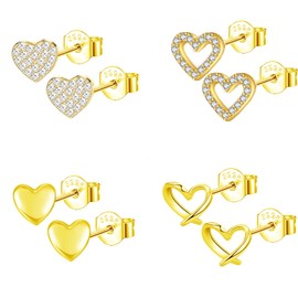 Epoch World 4 Pairs 925 Sterling Silver Love Heart Gold Stud Earrings with Cubic Zirconia Cartilage Sleeper 925 Silver Earrings Gold Heart Studs Hypoallergenic Jewellery For Women and Girls