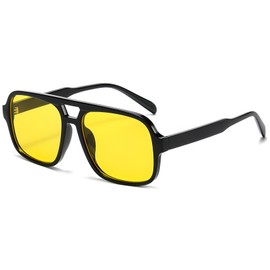 RUNHUIS Vintage 70s Sunglasses Women Men Retro Large Square Frame Rectangular Glasses, black/yellow