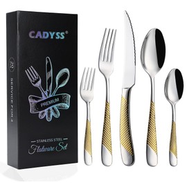 CADYSS Premium Silverware Set 20 Pieces - Flatware Set Gilding 18/10 Stainless Steel Utensils, Hammered Cutlery, Tableware Service for 4, Include Knife/Fork/Spoon, Mirror Polished, Dishwasher Safe