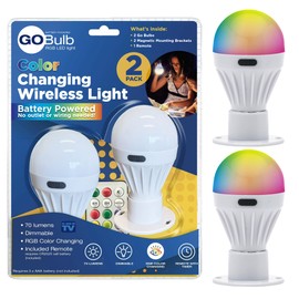 Spark Innovators Go Bulb – Wireless Color Changing LED Light Bulbs with Remote Control, Battery Powered, Dimmable, Cordless, E26 Adapter, Shatterproof, Multi-Color Bulb for Home & Decor, 2 Pack