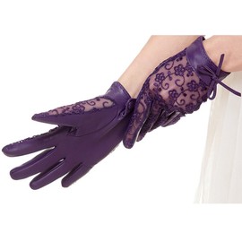 Nappaglo Women's Nappa Leather & Lace Unlined Gloves Bow Decoration Summer Short for Wedding Prom Banquet Party Driving (X-Large, Purple)