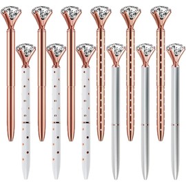 Eyourlife 12 PCS Diamond Crystal Pens, Rose Gold Metal Ballpoint Pen 0.5mm Black Ink Gel Pen with 4 Ballpoint Pen Refills for School Stationery Office Supplies