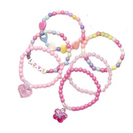 Kysin Chiys 6 Pcs Set Colorful Beads Princess Bracelets Cute Rainbow Stretchy Pink Love Bracelet Costume Jewelry for - Heart & Flower