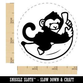 Baby Monkey Hugging Big Banana Self-Inking Rubber Stamp Ink Stamper for Stamping Crafting Planners - 3/4 Inch Small - Sky Blue Ink