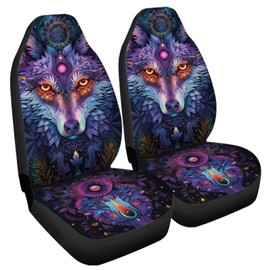 Gearider Waterproof Car Seat Covers for Front, 2 Pcs Boho Wolf Dreamcatcher Print Universal Elastic Vehicle Seats Cushion Automotive Interior Protection Accessories for Women