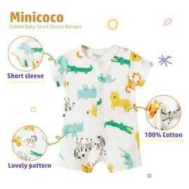 Minicoco Baby Boy 3-Pack 100% Cotton Short Sleeve Rompers-Breathable One-Piece Jumpsuits with Animal Themes for Spring/Summer