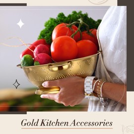 Acellegic 4 Pcs Gold Kitchen Accessories Includes Stainless Steel Colander and 3 Pcs Gold Fine Mesh Strainer Essential Kitchen Colander Strainers with Handles, Easy Clean and Dishwasher Safe (4.5 Qt)