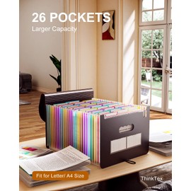 26 Pockets Accordian File Folder Organizer, Expanding Filing Box A4 Letter Size Expandable File Folders, Plastic Accordion Document Paper Coupon Bill Receipt Organizer with 3 A-Z Alphabet Colored Tabs