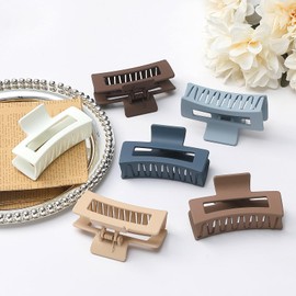 Sisiaipu 3.5 Inch Medium Hair Claw Clips 6 Pack Brown Blue Hair Clips for Women Square Claw Clips Rectangle Clips for Hair Banana Jaw Clips Hair Accessories for Girls -Brown Blue