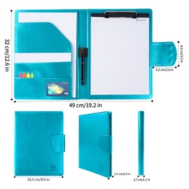 Leather Portfolio Folder Binder,A4 Padfolio Clipboard Folder with Magnetic Closure Cover with Letter Sized Papers,Sticky Tabs,Pen for Business School Office Conference Notepad Clip Boards(Turquoise)